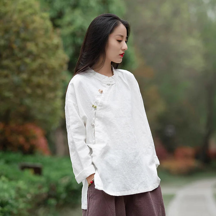 Johnature Women Vintage Cotton Linen Shirts And Tops Stand Long Sleeve 2024 Spring New Chinese Style Button Loose Blouses Shirts