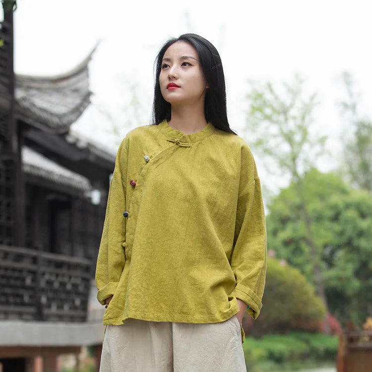 Johnature Women Vintage Cotton Linen Shirts And Tops Stand Long Sleeve 2024 Spring New Chinese Style Button Loose Blouses Shirts