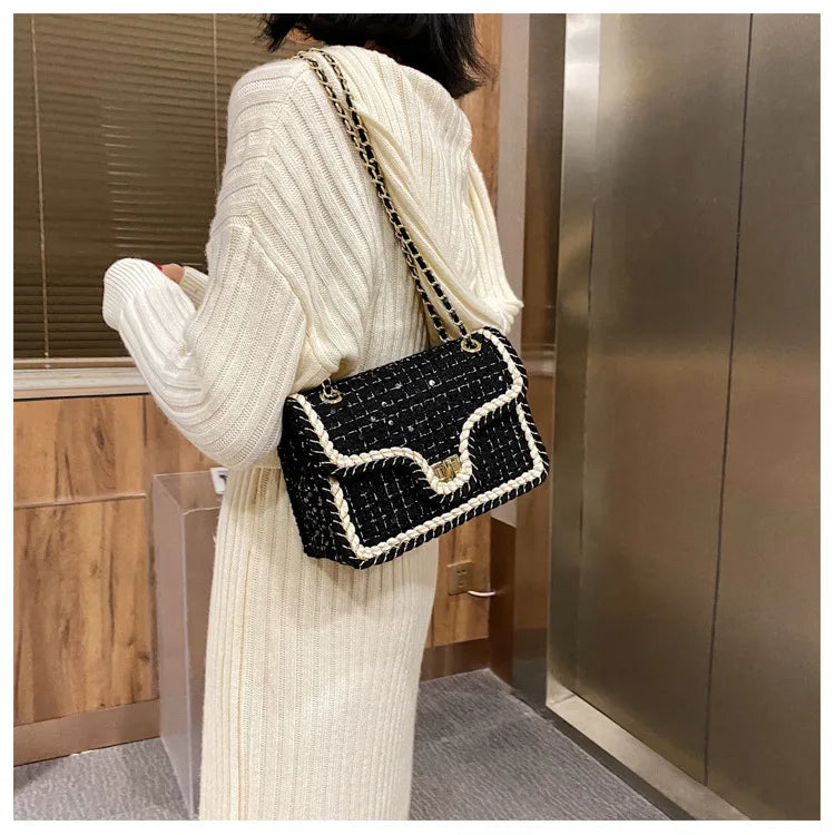 Luxury Chains Shoulder Handbags and Purses for Women Black Messenger Bag 2022 Trend Plaid Woolen Flap Lock Crossbody Sling Bags