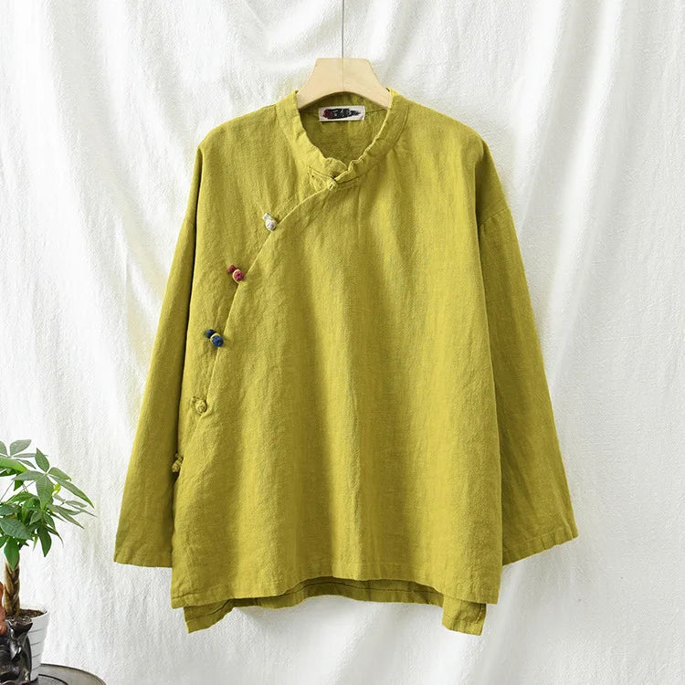 Johnature Women Vintage Cotton Linen Shirts And Tops Stand Long Sleeve 2024 Spring New Chinese Style Button Loose Blouses Shirts