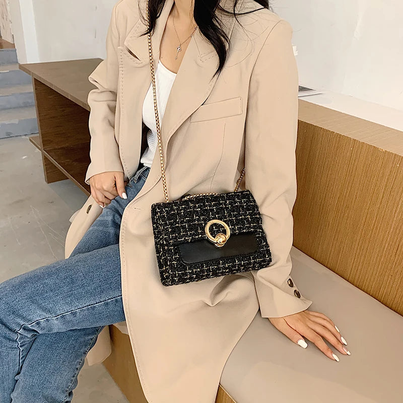 2022 New Spring Crossbody Bag for Women Luxury Chain Knitting Patchwork Pu Leather Shoulder Handbag Purse Lady