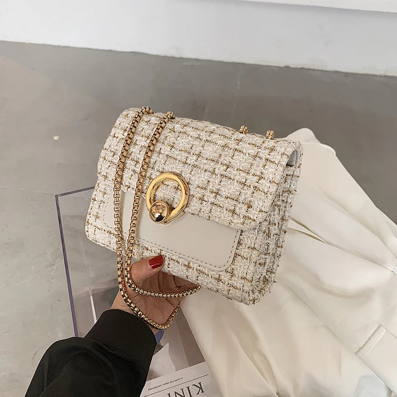 2022 New Spring Crossbody Bag for Women Luxury Chain Knitting Patchwork Pu Leather Shoulder Handbag Purse Lady