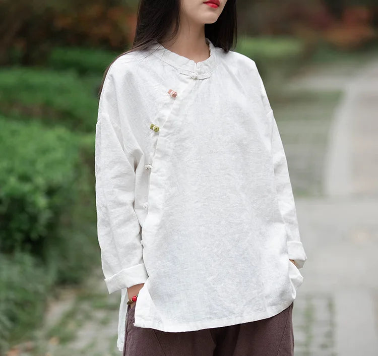 Johnature Women Vintage Cotton Linen Shirts And Tops Stand Long Sleeve 2024 Spring New Chinese Style Button Loose Blouses Shirts