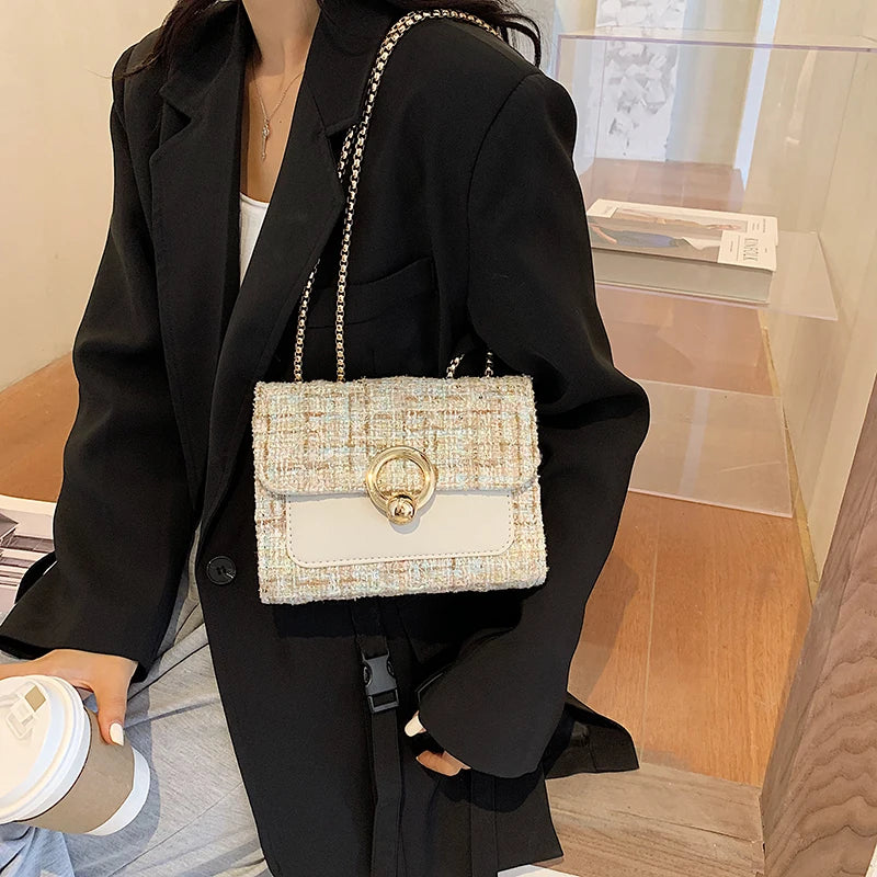 2022 New Spring Crossbody Bag for Women Luxury Chain Knitting Patchwork Pu Leather Shoulder Handbag Purse Lady