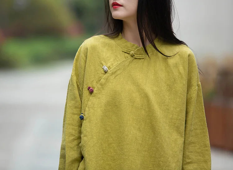 Johnature Women Vintage Cotton Linen Shirts And Tops Stand Long Sleeve 2024 Spring New Chinese Style Button Loose Blouses Shirts