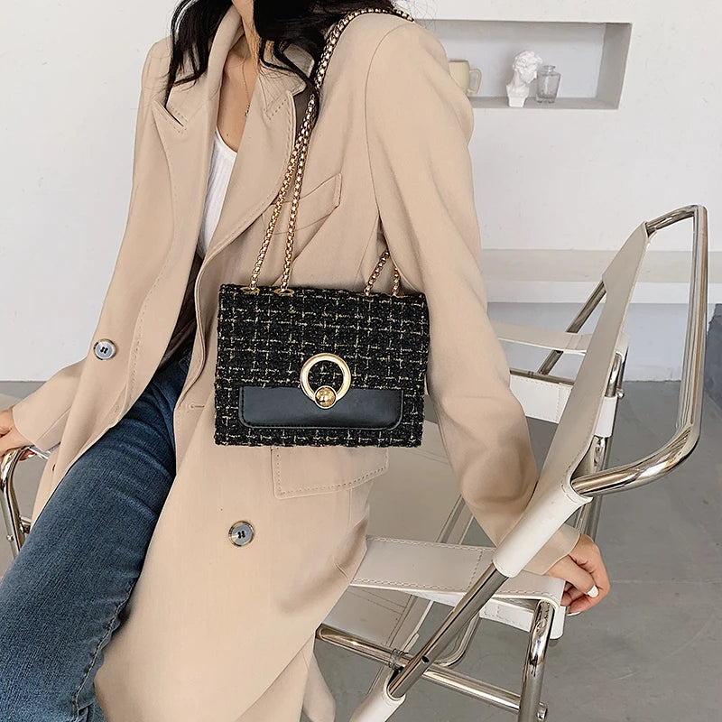 2022 New Spring Crossbody Bag for Women Luxury Chain Knitting Patchwork Pu Leather Shoulder Handbag Purse Lady