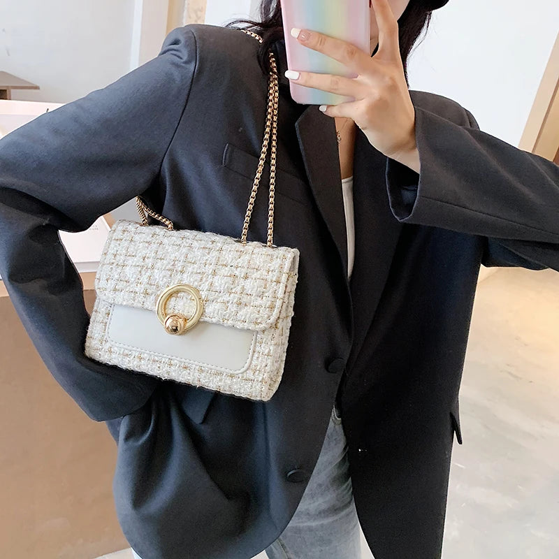 2022 New Spring Crossbody Bag for Women Luxury Chain Knitting Patchwork Pu Leather Shoulder Handbag Purse Lady