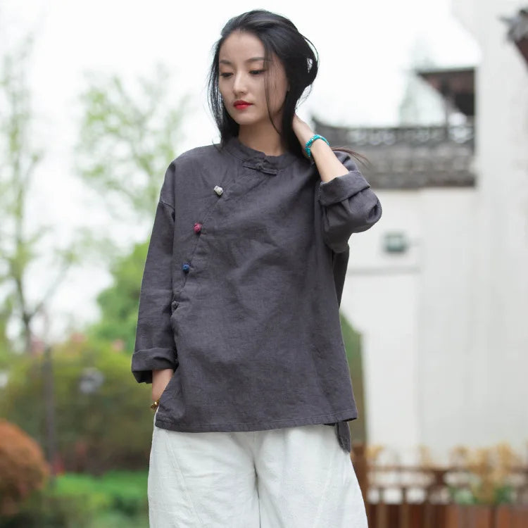 Johnature Women Vintage Cotton Linen Shirts And Tops Stand Long Sleeve 2024 Spring New Chinese Style Button Loose Blouses Shirts