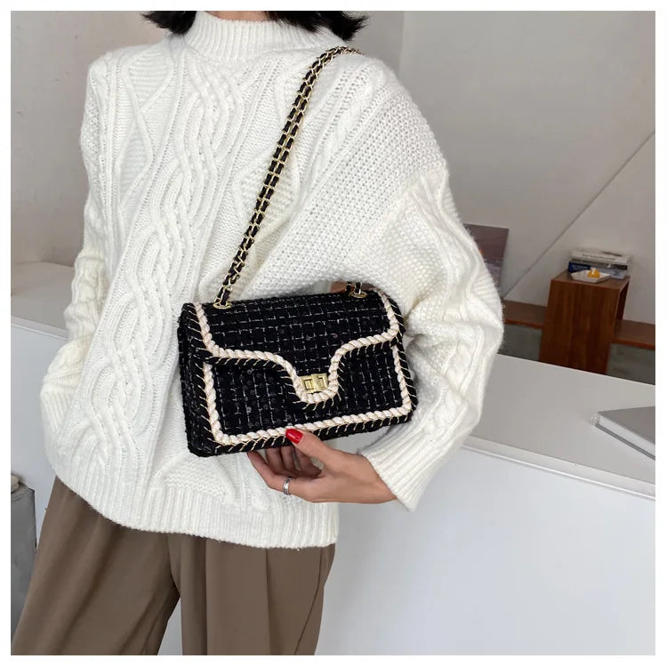 Luxury Chains Shoulder Handbags and Purses for Women Black Messenger Bag 2022 Trend Plaid Woolen Flap Lock Crossbody Sling Bags