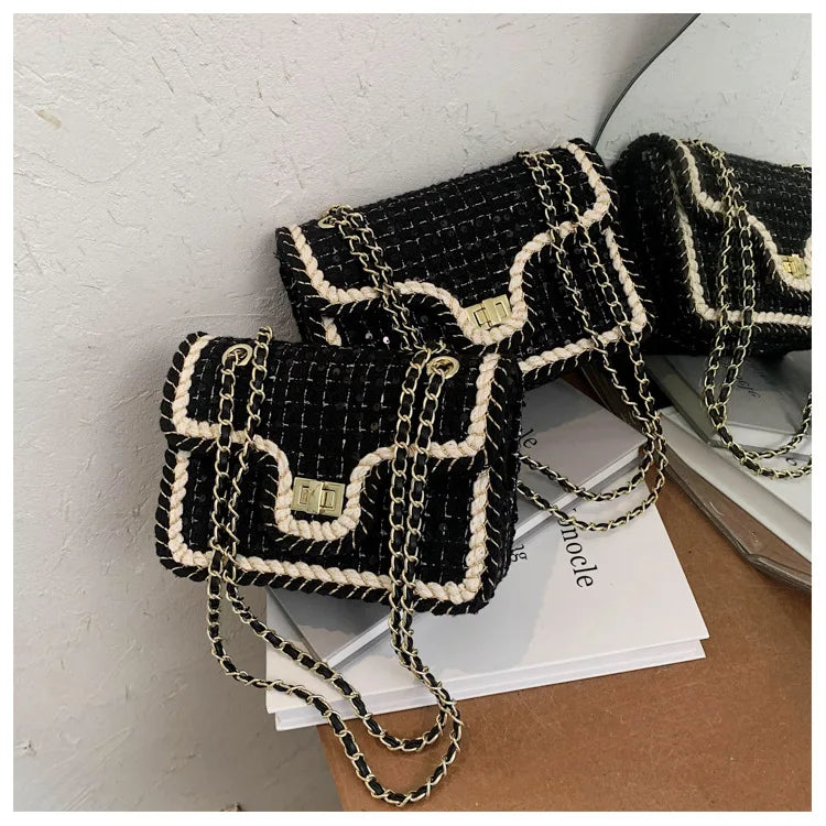 Luxury Chains Shoulder Handbags and Purses for Women Black Messenger Bag 2022 Trend Plaid Woolen Flap Lock Crossbody Sling Bags