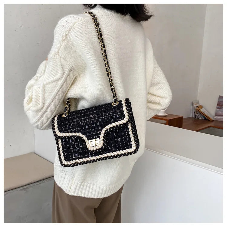 Luxury Chains Shoulder Handbags and Purses for Women Black Messenger Bag 2022 Trend Plaid Woolen Flap Lock Crossbody Sling Bags