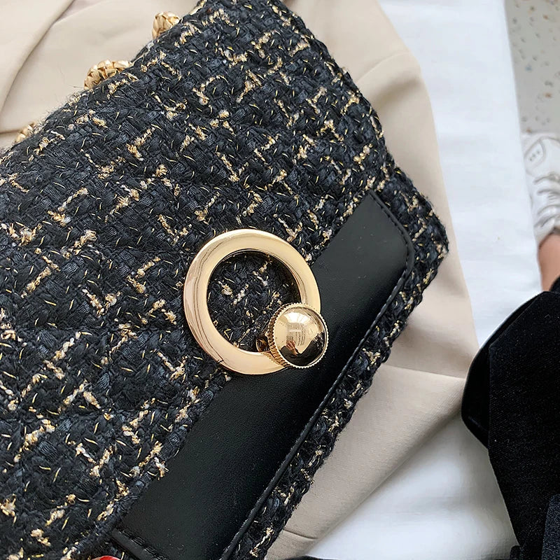 2022 New Spring Crossbody Bag for Women Luxury Chain Knitting Patchwork Pu Leather Shoulder Handbag Purse Lady