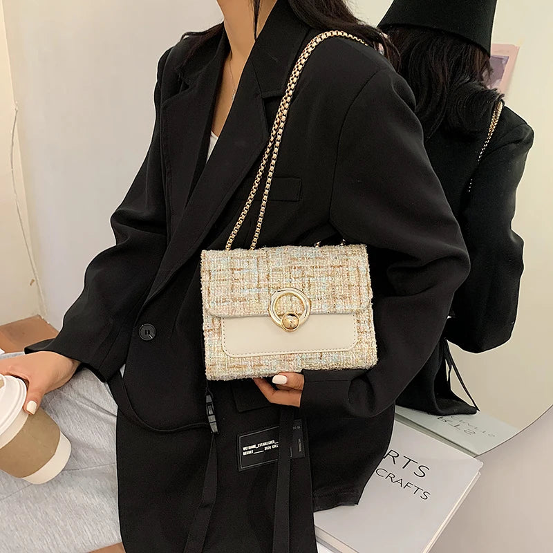 2022 New Spring Crossbody Bag for Women Luxury Chain Knitting Patchwork Pu Leather Shoulder Handbag Purse Lady