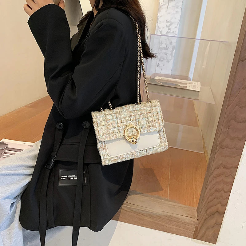 2022 New Spring Crossbody Bag for Women Luxury Chain Knitting Patchwork Pu Leather Shoulder Handbag Purse Lady