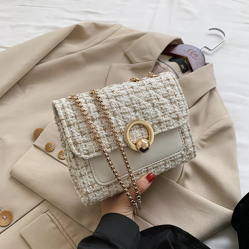 2022 New Spring Crossbody Bag for Women Luxury Chain Knitting Patchwork Pu Leather Shoulder Handbag Purse Lady