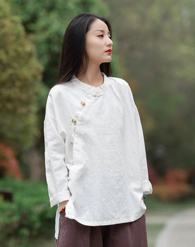 Johnature Women Vintage Cotton Linen Shirts And Tops Stand Long Sleeve 2024 Spring New Chinese Style Button Loose Blouses Shirts