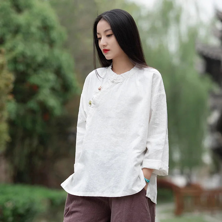 Johnature Women Vintage Cotton Linen Shirts And Tops Stand Long Sleeve 2024 Spring New Chinese Style Button Loose Blouses Shirts