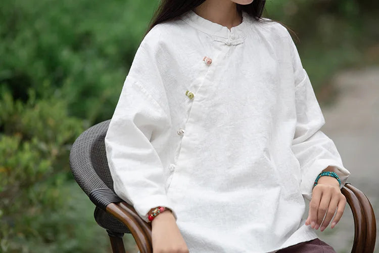 Johnature Women Vintage Cotton Linen Shirts And Tops Stand Long Sleeve 2024 Spring New Chinese Style Button Loose Blouses Shirts