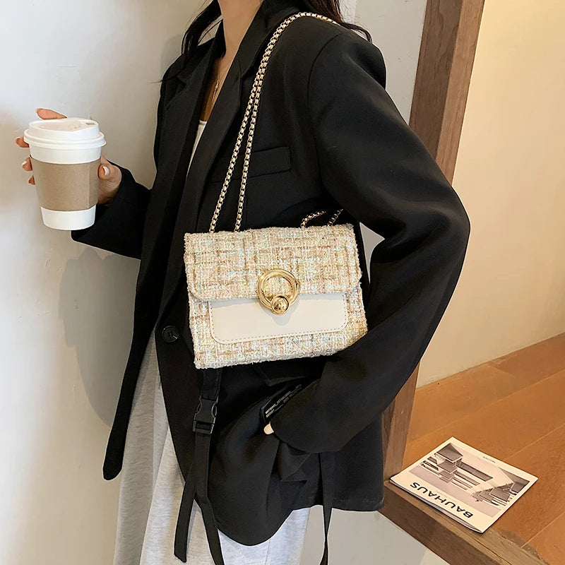 2022 New Spring Crossbody Bag for Women Luxury Chain Knitting Patchwork Pu Leather Shoulder Handbag Purse Lady