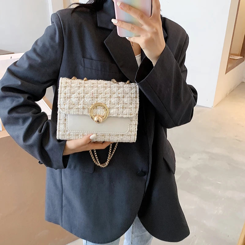 2022 New Spring Crossbody Bag for Women Luxury Chain Knitting Patchwork Pu Leather Shoulder Handbag Purse Lady