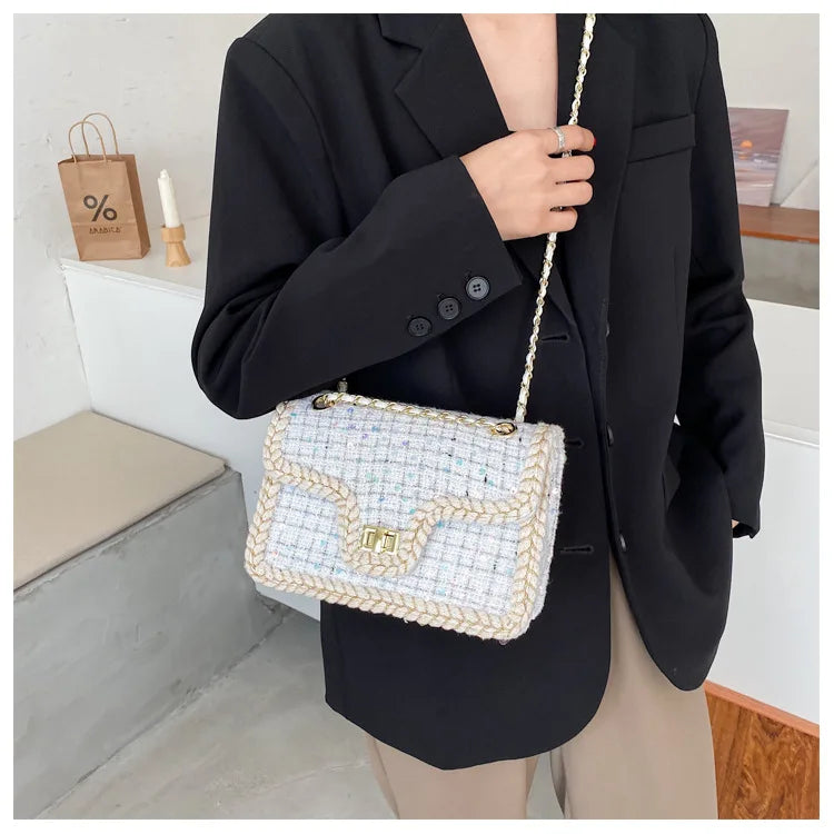 Luxury Chains Shoulder Handbags and Purses for Women Black Messenger Bag 2022 Trend Plaid Woolen Flap Lock Crossbody Sling Bags