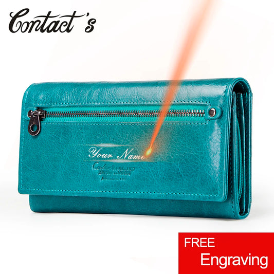 Contact's HOT Genuine Leather Women Wallet High Quality Coin Purse Female Long Clutch Wallet luxury Brand Money Bag Card Holder