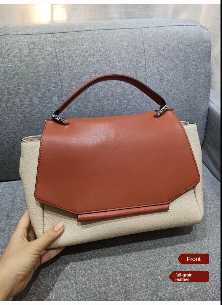 Women Handbag Luxury 100% Natural Cowhide Leather Panelled Trapeze Bag Large Shoulder Messenger Bag Sac