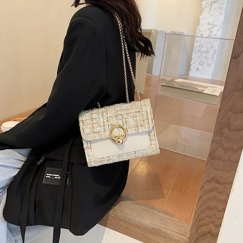 2022 New Spring Crossbody Bag for Women Luxury Chain Knitting Patchwork Pu Leather Shoulder Handbag Purse Lady