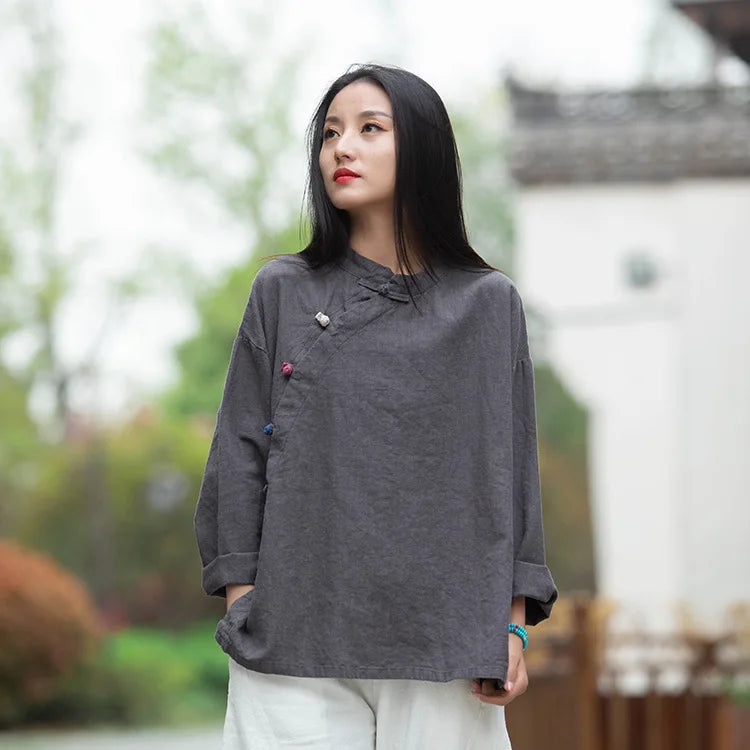 Johnature Women Vintage Cotton Linen Shirts And Tops Stand Long Sleeve 2024 Spring New Chinese Style Button Loose Blouses Shirts