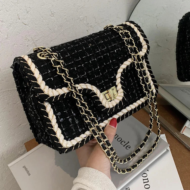 Luxury Chains Shoulder Handbags and Purses for Women Black Messenger Bag 2022 Trend Plaid Woolen Flap Lock Crossbody Sling Bags