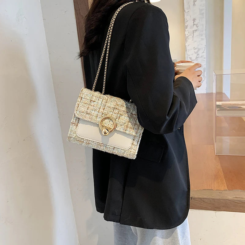 2022 New Spring Crossbody Bag for Women Luxury Chain Knitting Patchwork Pu Leather Shoulder Handbag Purse Lady