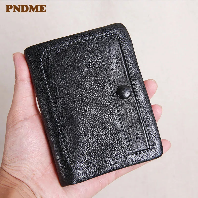 PNDME designer luxury genuine leather men women's wallet handmade soft first layer cowhide youth simple black short small purse