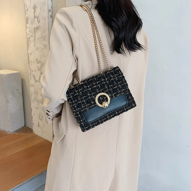 2022 New Spring Crossbody Bag for Women Luxury Chain Knitting Patchwork Pu Leather Shoulder Handbag Purse Lady