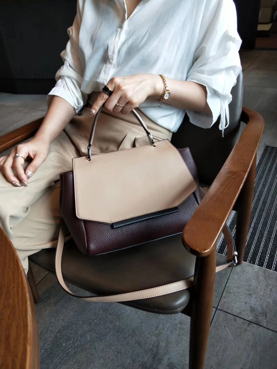 Women Handbag Luxury 100% Natural Cowhide Leather Panelled Trapeze Bag Large Shoulder Messenger Bag Sac