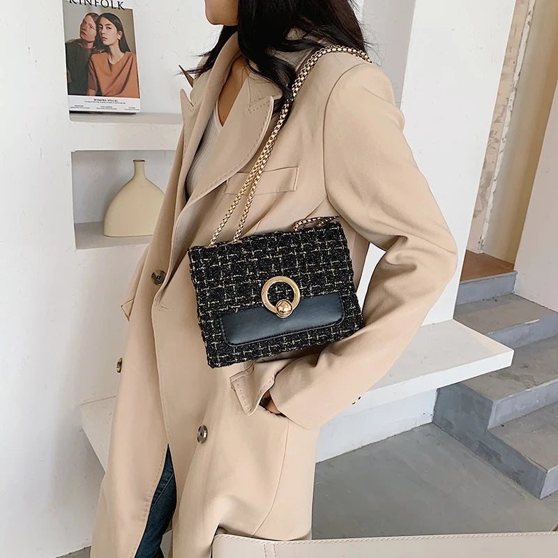 2022 New Spring Crossbody Bag for Women Luxury Chain Knitting Patchwork Pu Leather Shoulder Handbag Purse Lady