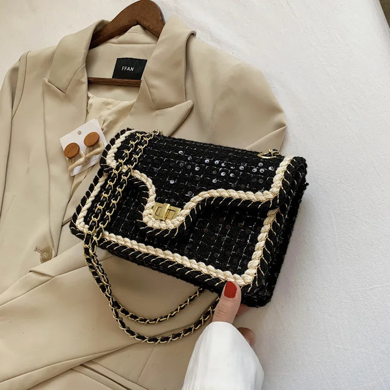 Luxury Chains Shoulder Handbags and Purses for Women Black Messenger Bag 2022 Trend Plaid Woolen Flap Lock Crossbody Sling Bags