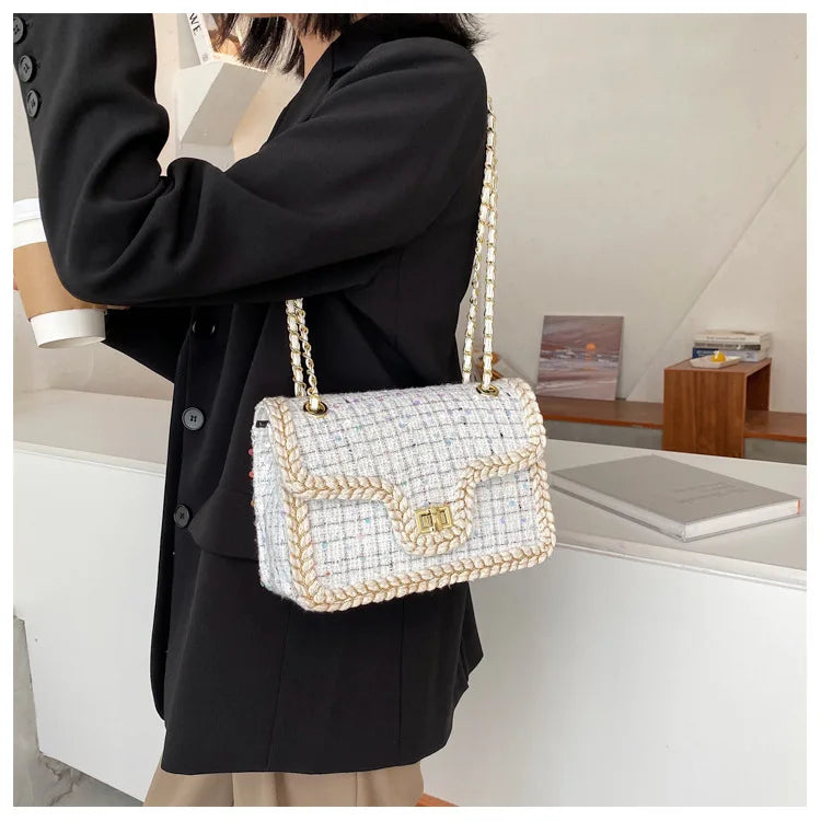 Luxury Chains Shoulder Handbags and Purses for Women Black Messenger Bag 2022 Trend Plaid Woolen Flap Lock Crossbody Sling Bags