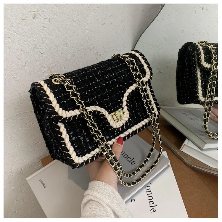 Luxury Chains Shoulder Handbags and Purses for Women Black Messenger Bag 2022 Trend Plaid Woolen Flap Lock Crossbody Sling Bags