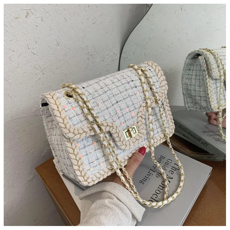 Luxury Chains Shoulder Handbags and Purses for Women Black Messenger Bag 2022 Trend Plaid Woolen Flap Lock Crossbody Sling Bags