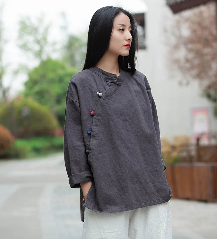 Johnature Women Vintage Cotton Linen Shirts And Tops Stand Long Sleeve 2024 Spring New Chinese Style Button Loose Blouses Shirts