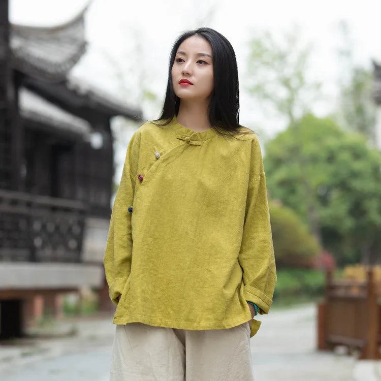 Johnature Women Vintage Cotton Linen Shirts And Tops Stand Long Sleeve 2024 Spring New Chinese Style Button Loose Blouses Shirts