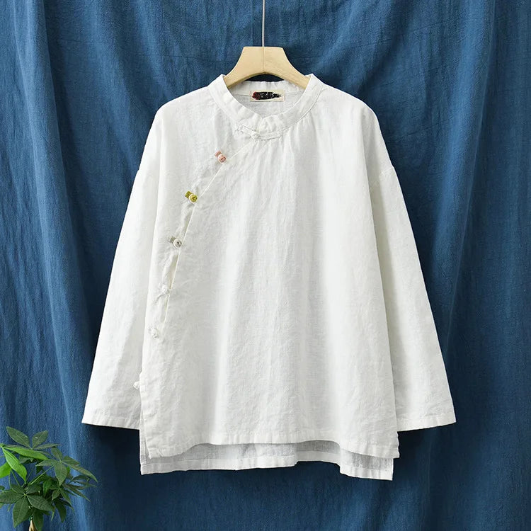 Johnature Women Vintage Cotton Linen Shirts And Tops Stand Long Sleeve 2024 Spring New Chinese Style Button Loose Blouses Shirts