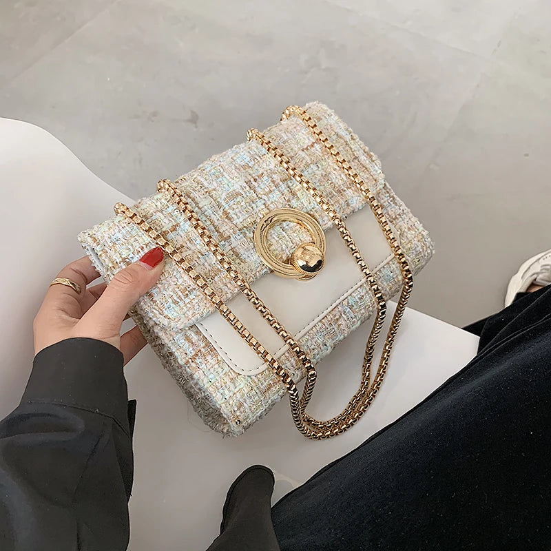 2022 New Spring Crossbody Bag for Women Luxury Chain Knitting Patchwork Pu Leather Shoulder Handbag Purse Lady