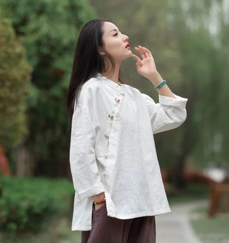 Johnature Women Vintage Cotton Linen Shirts And Tops Stand Long Sleeve 2024 Spring New Chinese Style Button Loose Blouses Shirts