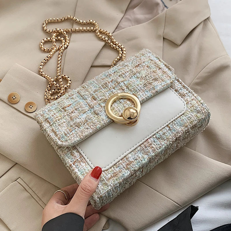 2022 New Spring Crossbody Bag for Women Luxury Chain Knitting Patchwork Pu Leather Shoulder Handbag Purse Lady