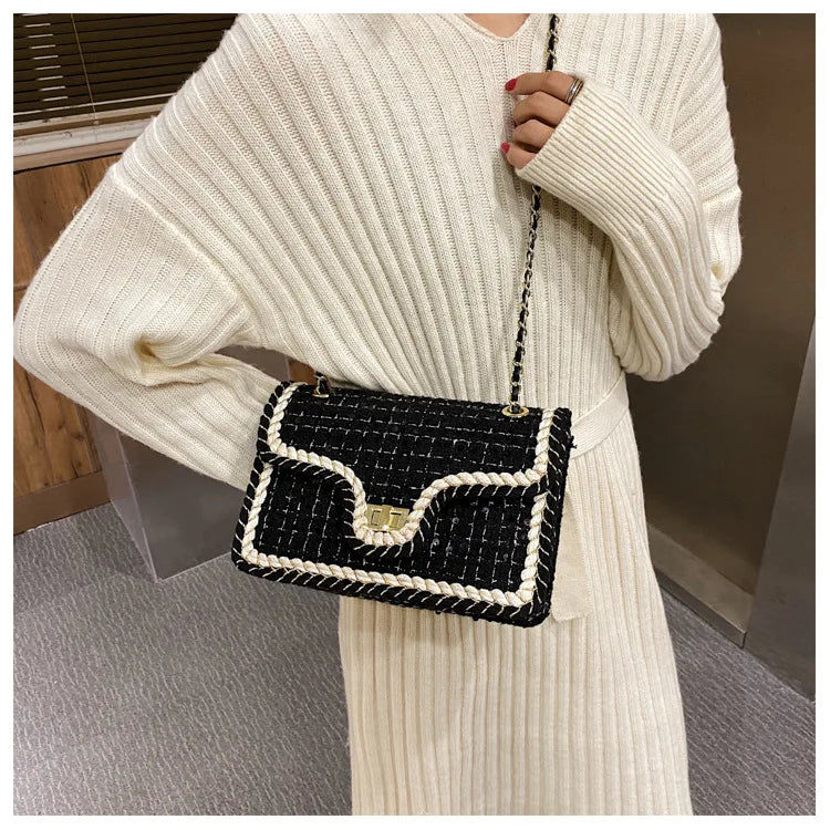 Luxury Chains Shoulder Handbags and Purses for Women Black Messenger Bag 2022 Trend Plaid Woolen Flap Lock Crossbody Sling Bags