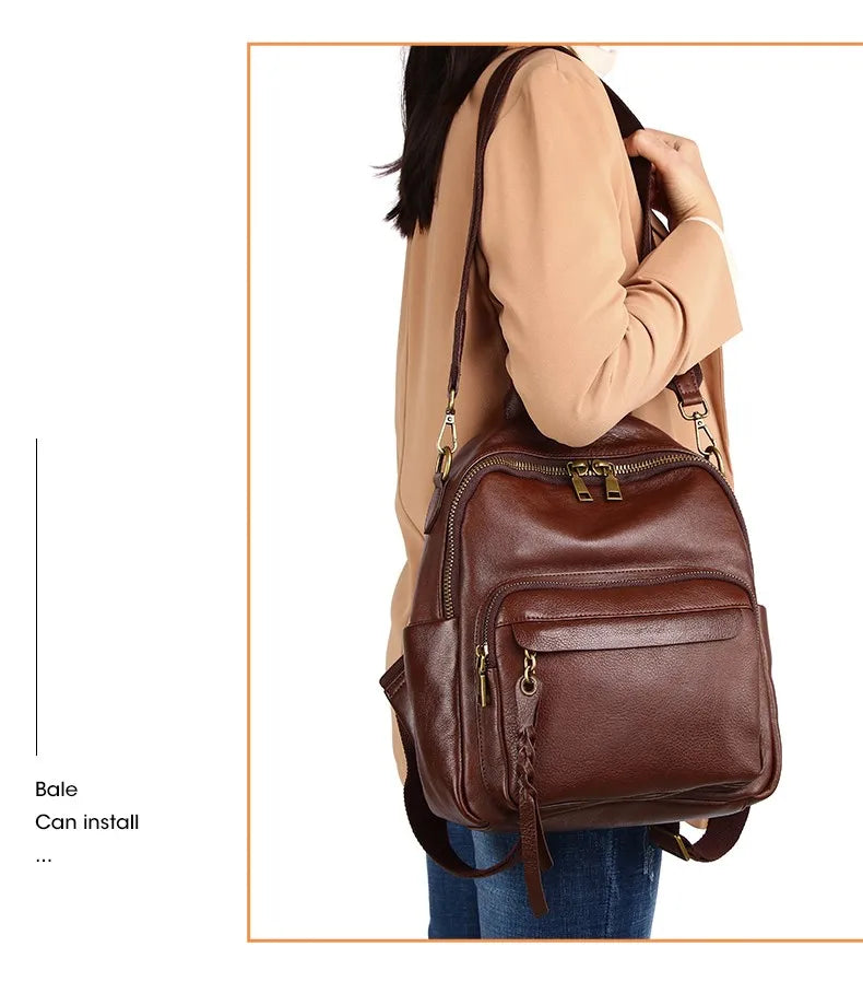 Luxury Genuine Leather Women Backpack 2024 Vintage Style Tassel Lady Travel Backpack Girl School Bag Female Leather Knapsack