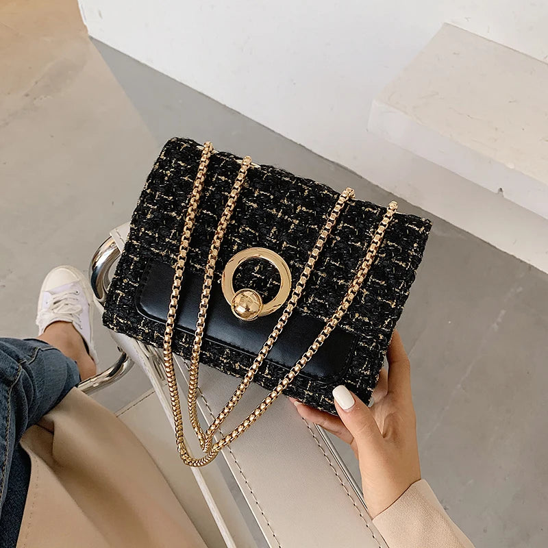 2022 New Spring Crossbody Bag for Women Luxury Chain Knitting Patchwork Pu Leather Shoulder Handbag Purse Lady