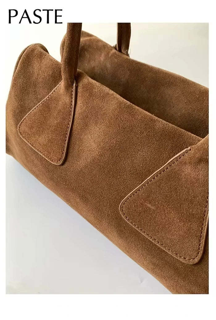 New Ins Chic Niche Stylish Pillow Bowling Tote Large Real Suede Cow Leather Women Shoulder Bag Long Handle Winter Handbag