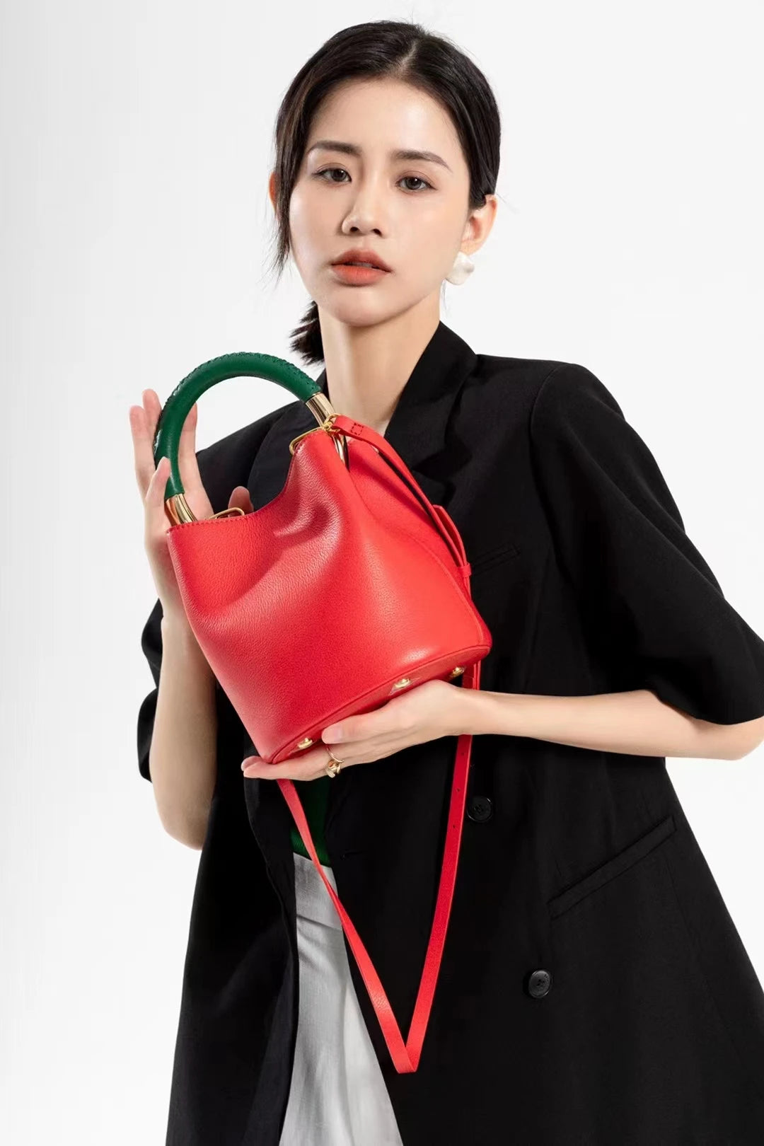 Fashion Large Capacity Leather Bucket Bag For Women Luxury Design High Quality Cowhide Handbags High-end Elegant Lady Dinner Bag